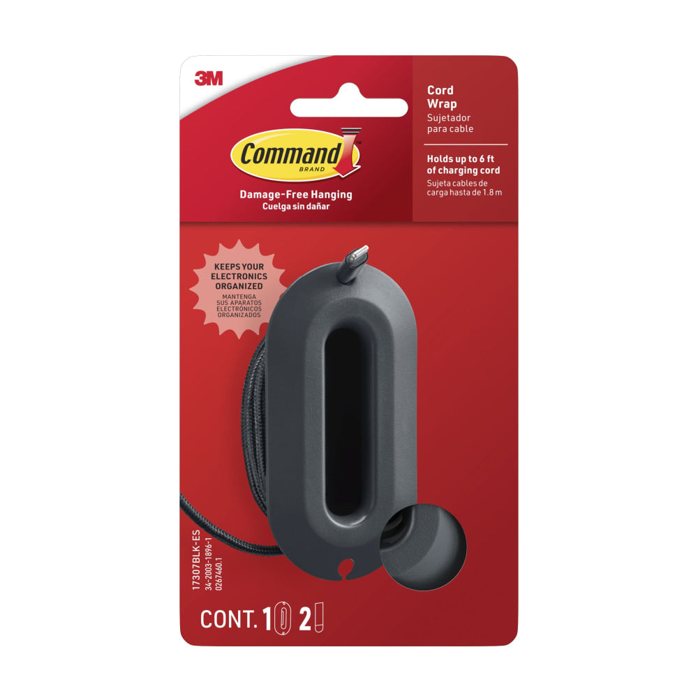 Command Cord Wrap, 1 Black Cord Organizer, 2 Medium Strips, Holds 6 ft of Cord Storage, Great for Damage-Free Desk Organization with Electronics