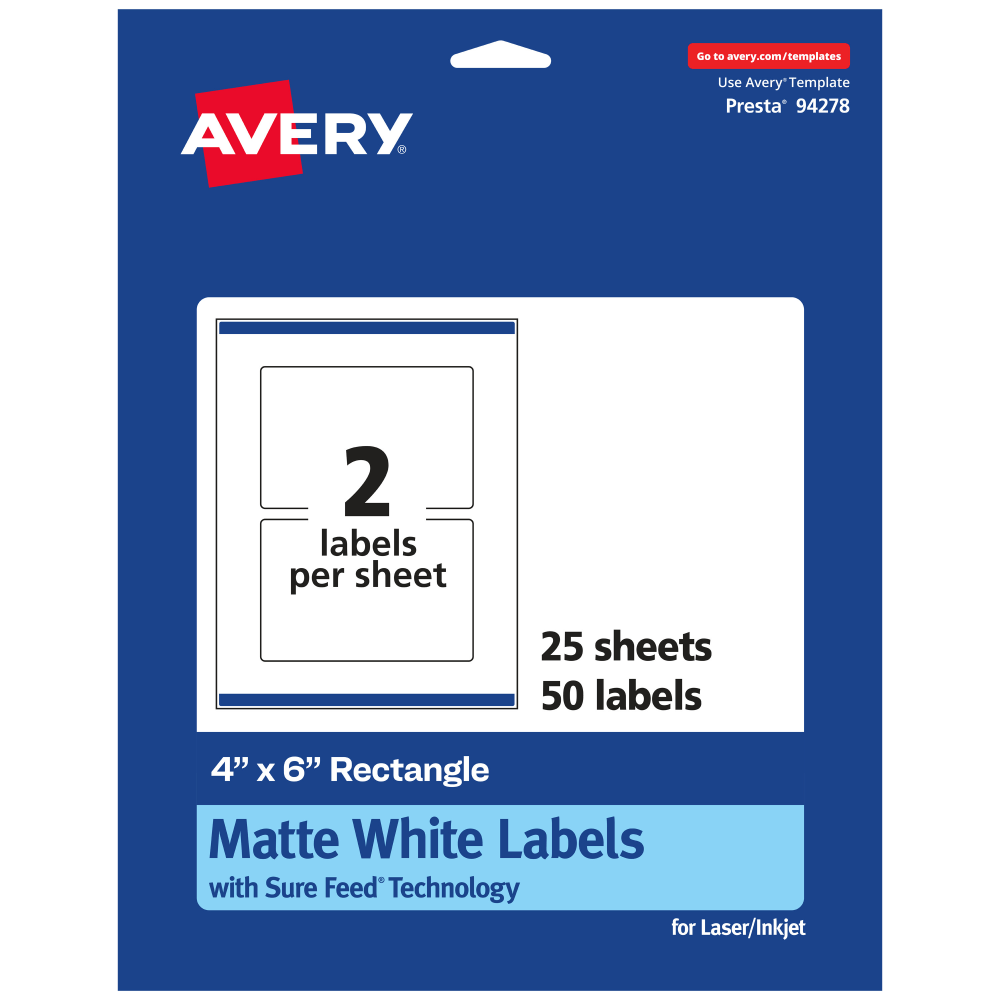 Avery Permanent Labels With Sure Feed, 94278-WMP25, Rectangle, 4in x 6in, White, Pack Of 50