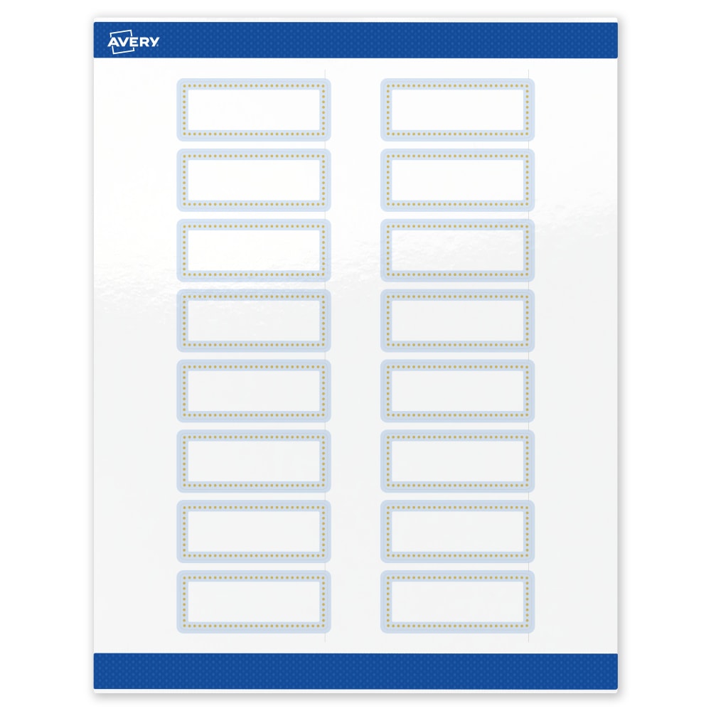 Avery Print-To-The-Edge Labels & Sure Feed, S00-D2E-PRWGP10, 1in x 2-5/8in, Glossy White, Preprinted Blue Border & Gold Dots Design, Pack Of 160
