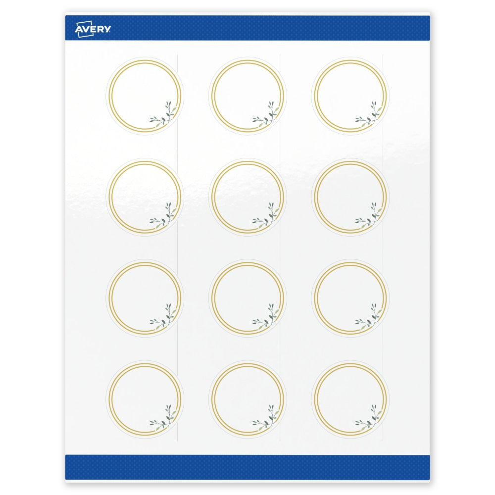 Avery Print-To-The-Edge Labels & Sure Feed, S00-D2N-PRWGP10, 2in Round, Glossy White, Preprinted Double Gold Border & Floral Design, Pack Of 120