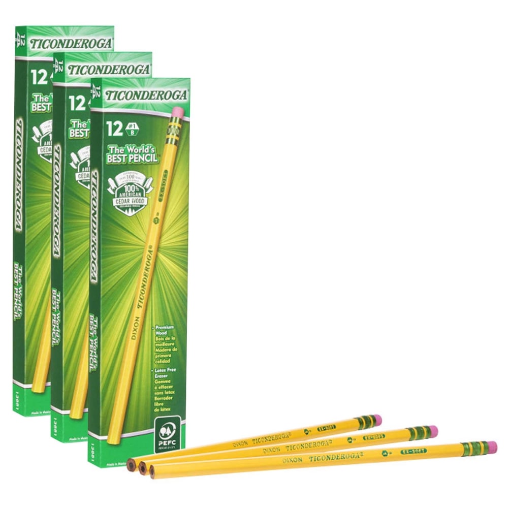 Ticonderoga Original Pencils, #1 Extra Soft, Yellow, 12 Pencils Per Pack, Set Of 3 Packs
