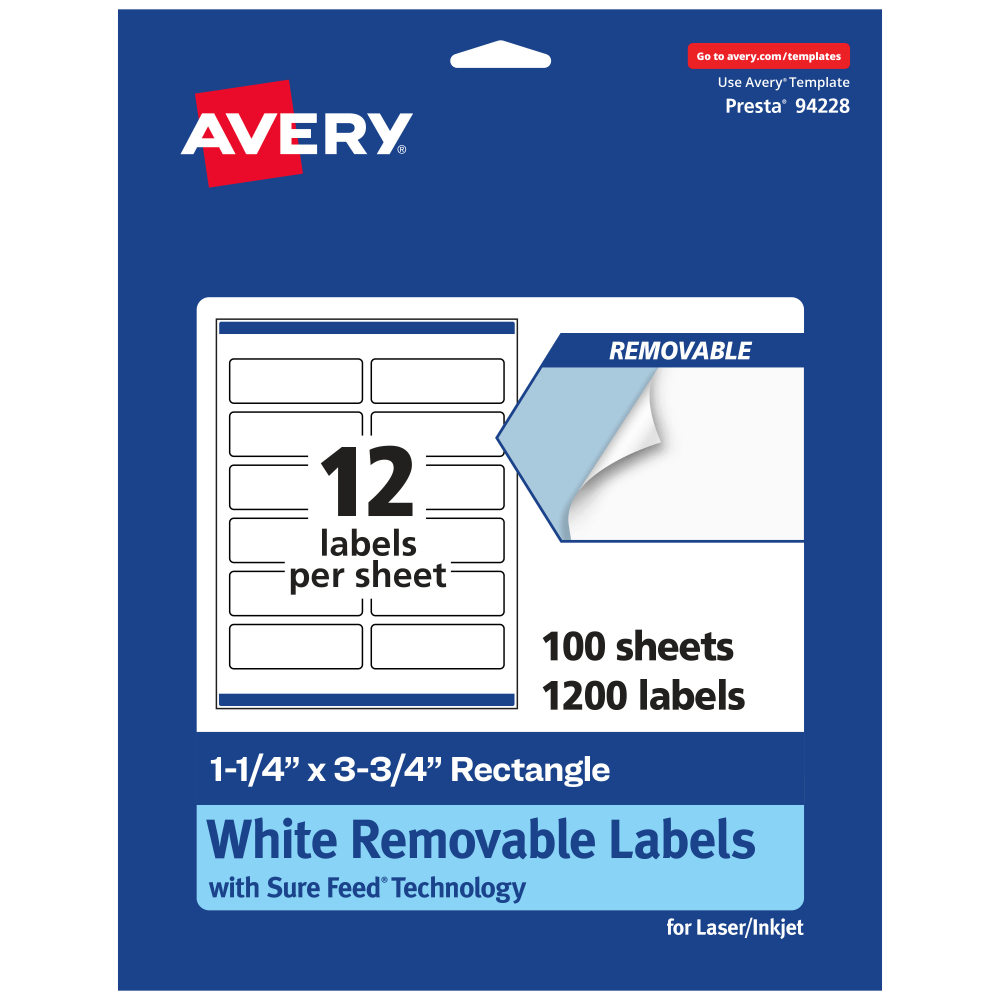Avery Removable Labels With Sure Feed, 94228-RMP100, Rectangle, 1-1/4in x 3-3/4in, White, Pack Of 1,200 Labels