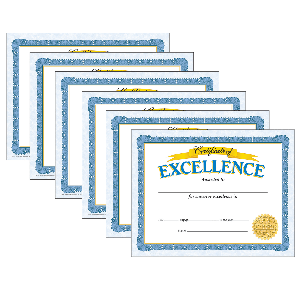 Trend Classic Certificates, 8-1/2in x 11in, Excellence, Pack Of 30 Certificates, Set Of 6 Packs