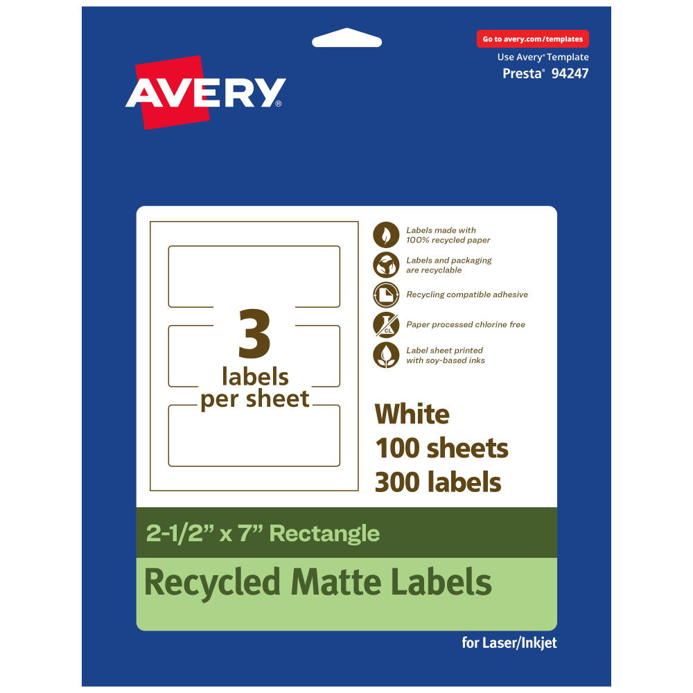 Avery Recycled Paper Labels, 94247-EWMP100, Rectangle, 2-1/2in x 7in, White, Pack Of 300