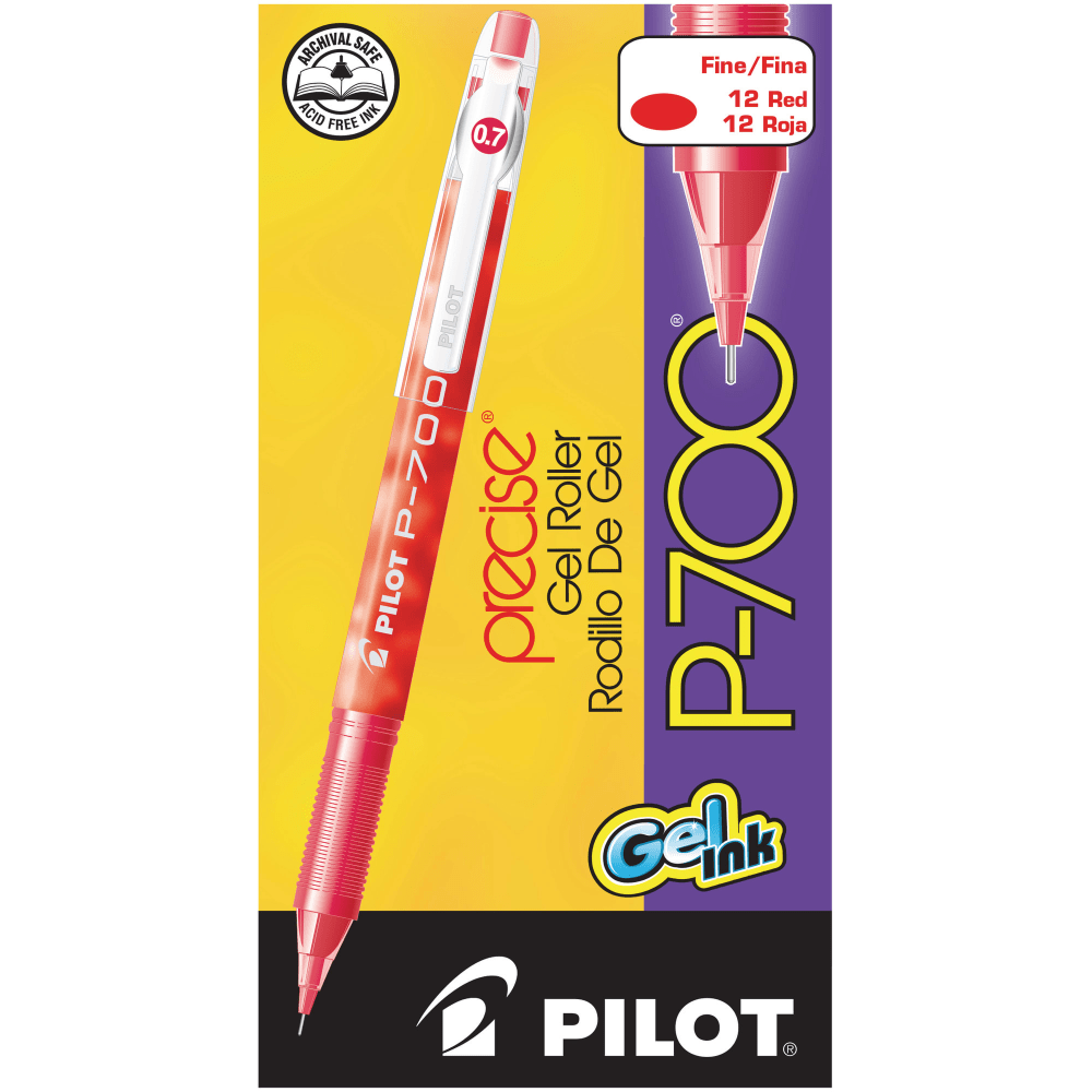 Pilot Gel Ink Rollerball Pens, P-700, Fine Point, 0.7 mm, Red Barrel, Red Ink, Pack Of 12 Pens