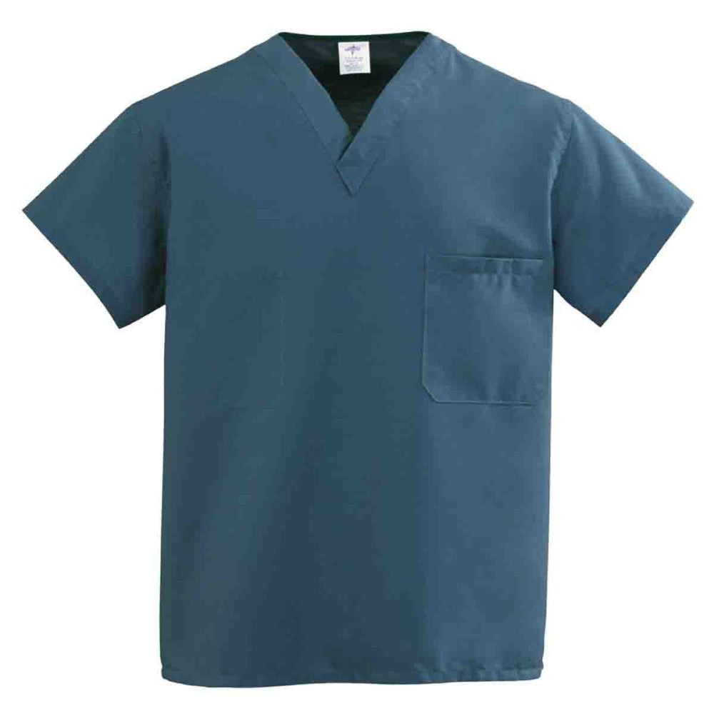 Medline ComfortEase Unisex 1-Pocket Reversible Scrub Top, Medium, Caribbean Blue