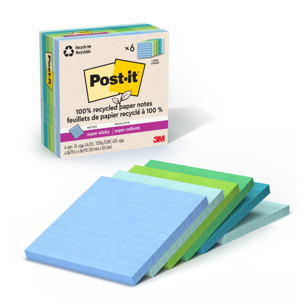 Post-it Super Sticky 100% Recycled Paper Notes, 4 x 4 in, 6 Lined Sticky Note Pads, 70 Sheets/Pad, 2X the Sticking Power, School Supplies, Oasis