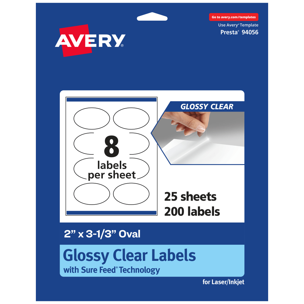 Avery Glossy Permanent Labels With Sure Feed, 94056-CGF25, Oval, 2in x 3-1/3in, Clear, Pack Of 200