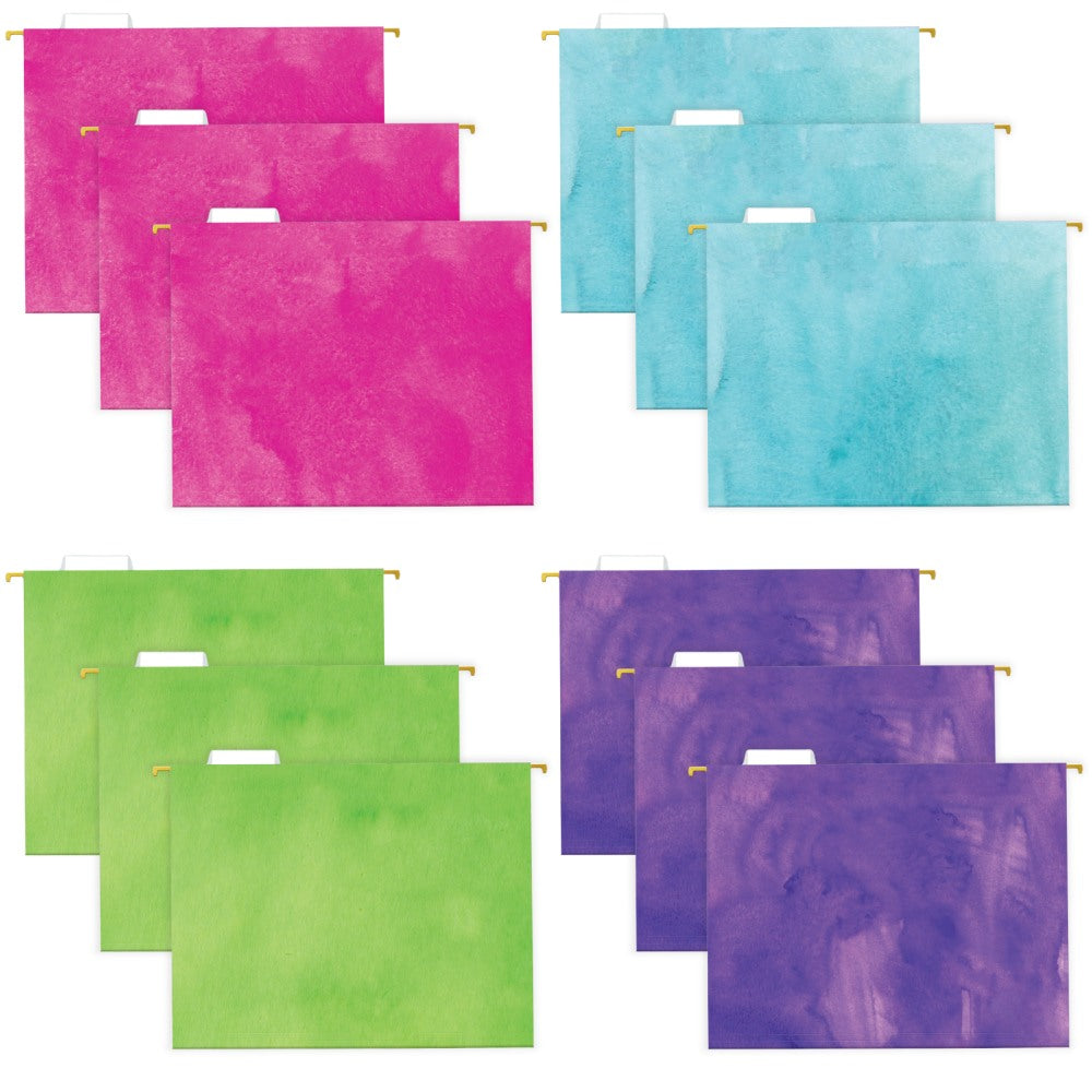 Global Deluxe Designer Printed Hanging File Folders, 1/5 Cut, Letter Size, Assorted Watercolor Solid, Pack Of 12 Folders