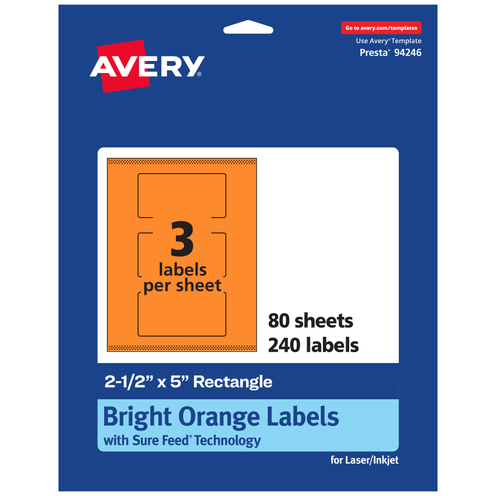 Avery Print-To-The-Edge Labels With Sure Feed Technology, 94246-BOP80, Rectangle, 2-1/2in x 5in, Matte Bright Orange, Pack of 240
