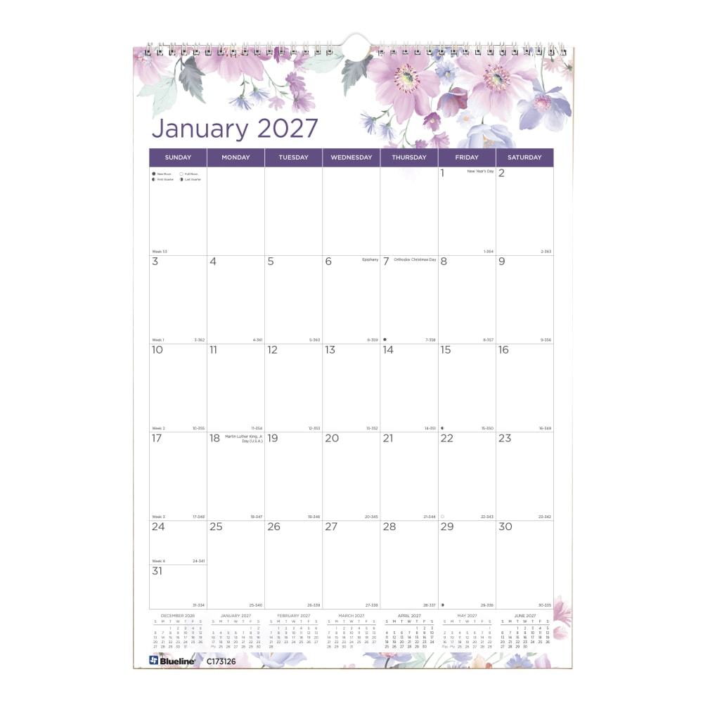 2027 Blueline Colorful Monthly Wall Calendar, 12in x 17in, Passion, January To December, C173126, Total Qty 1