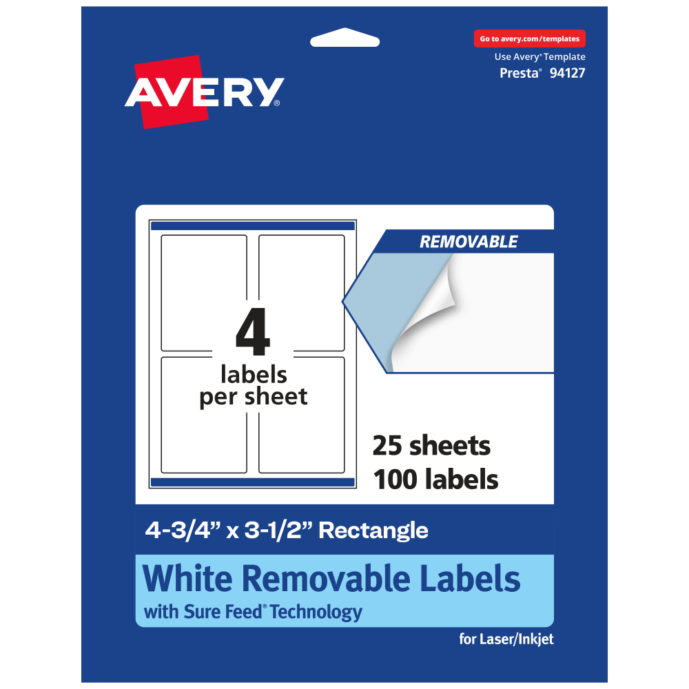 Avery Removable Labels With Sure Feed, 94127-RMP25, Rectangle, 4-3/4in x 3-1/2in, White, Pack Of 100 Labels