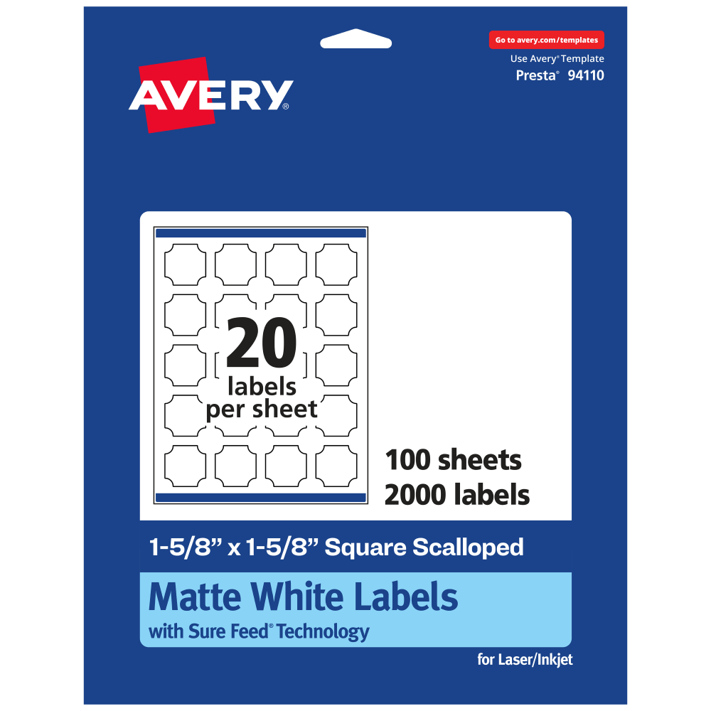 Avery Permanent Labels With Sure Feed, 94110-WMP100, Square Scalloped, 1-5/8in x 1-5/8in, White, Pack Of 2,000