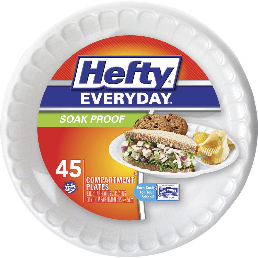 Hefty 3-Compartment Soak Proof Plates - Disposable - White - 45 / Pack