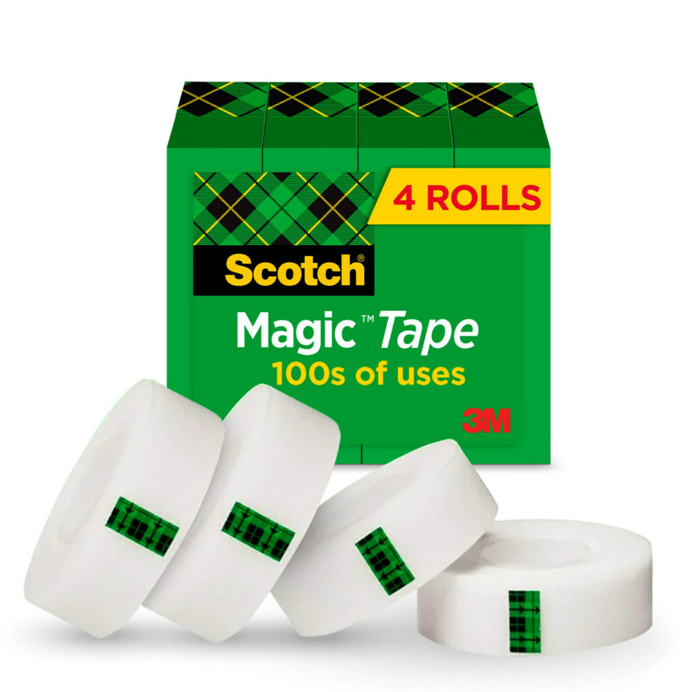 Scotch Magic Tape, Invisible, 3/4 x 1000 in, 4 Tape Rolls, Clear, Back to School Supplies, College Supplies, and Teacher Supplies