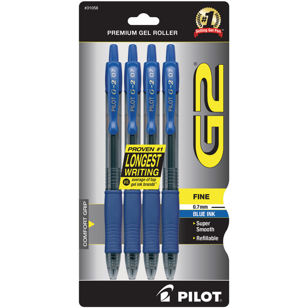 Pilot G2 Retractable Gel Pens, Fine Point, 0.7 mm, Clear Barrels, Blue Ink, Pack Of 4 Pens