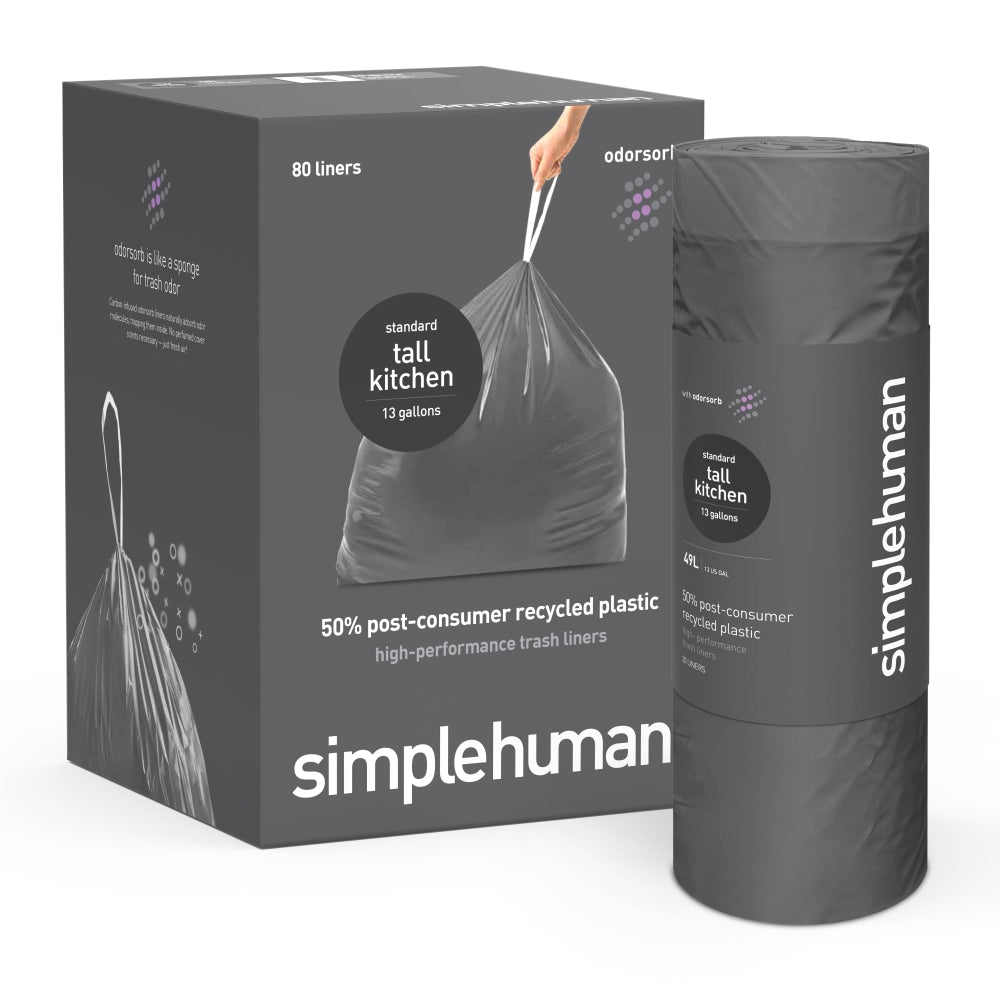 simplehuman Extra Strong Tall Kitchen Bags, 1.2 mil, 13 Gallon, Gray, 20 Liners Per Roll, Pack Of 4 Rolls