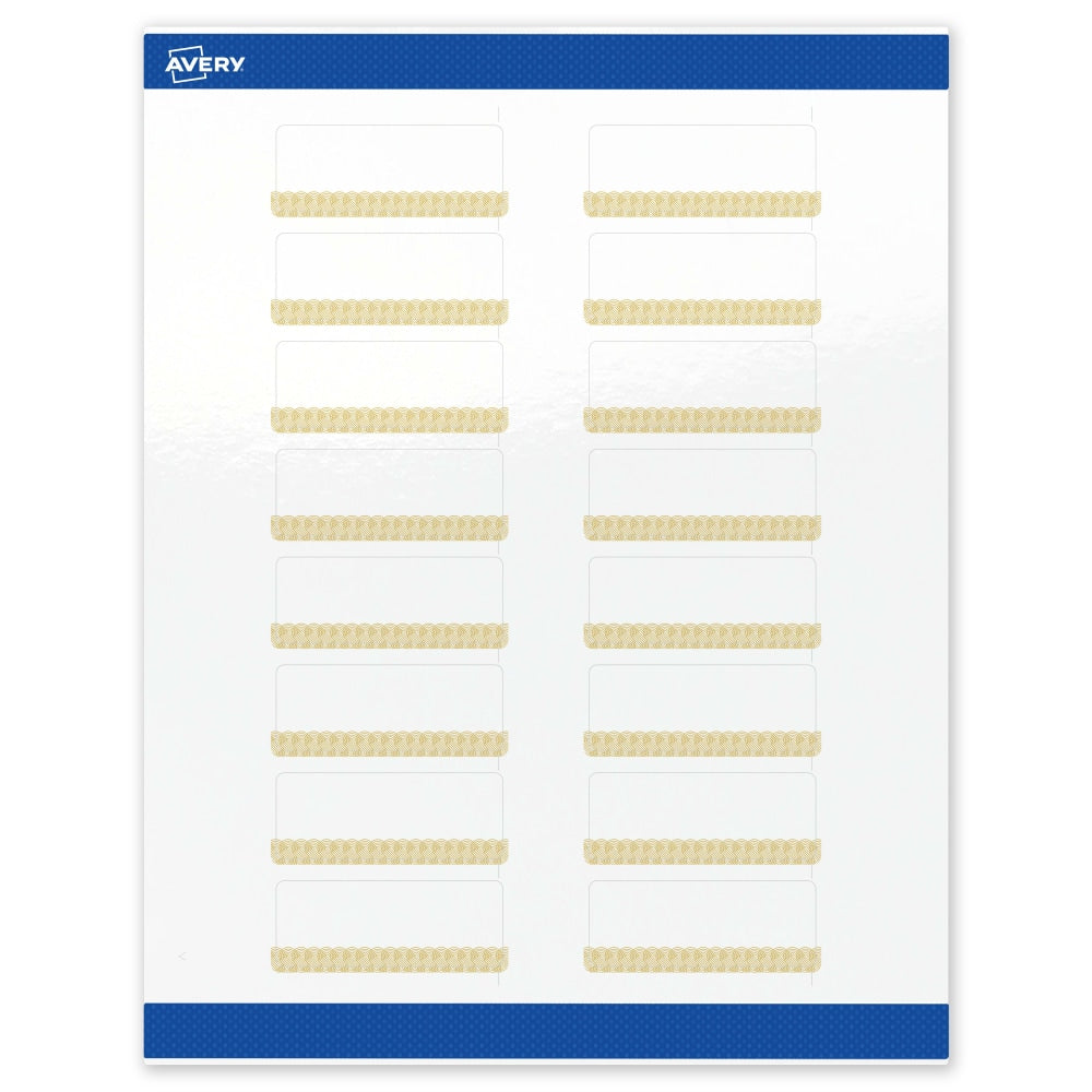 Avery Printable Labels With Sure Feed Technology, S00-EWS, Rectangle, 1in x 2-5/8in, Glossy White With Preprinted Gold Lace Trim Pattern, Pack Of 160