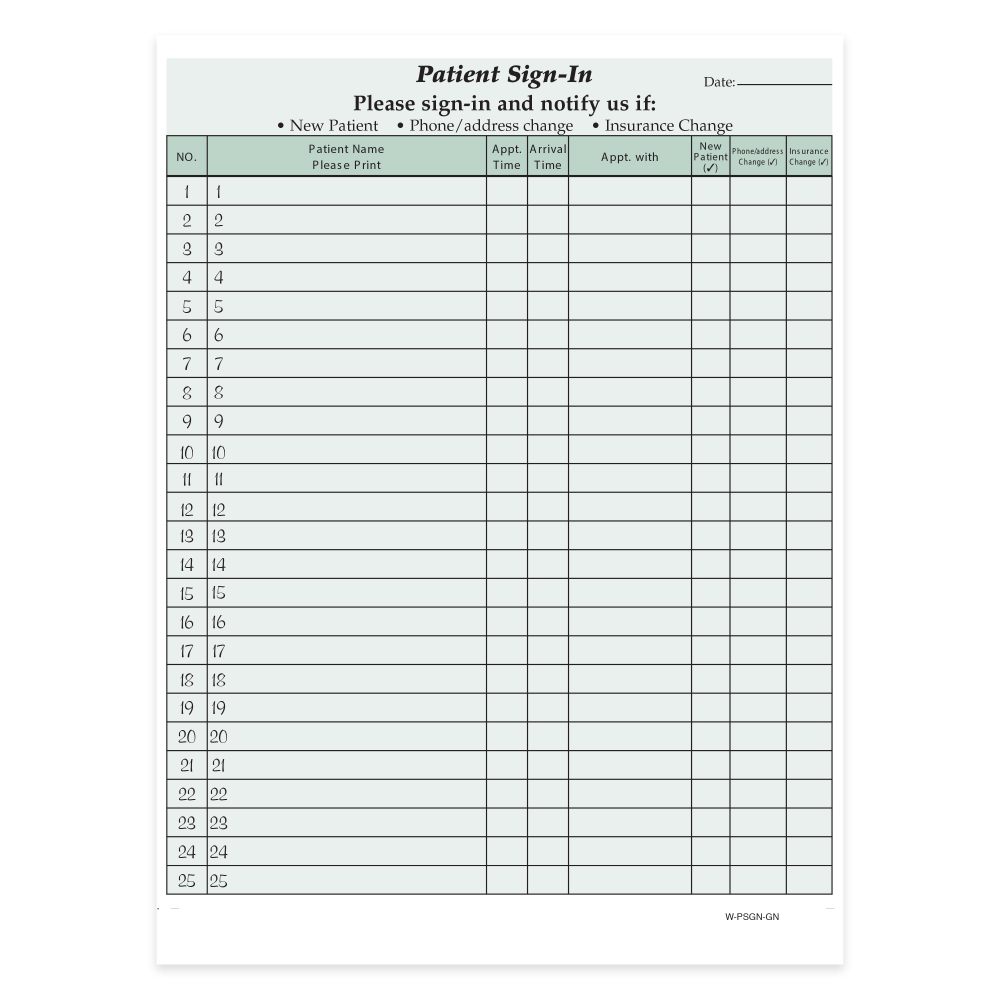 HIPAA Compliant Patient/Visitor Privacy 2-Part Sign-In Sheets, 8-1/2in x 11in, Green, Pack Of 250 Sheets
