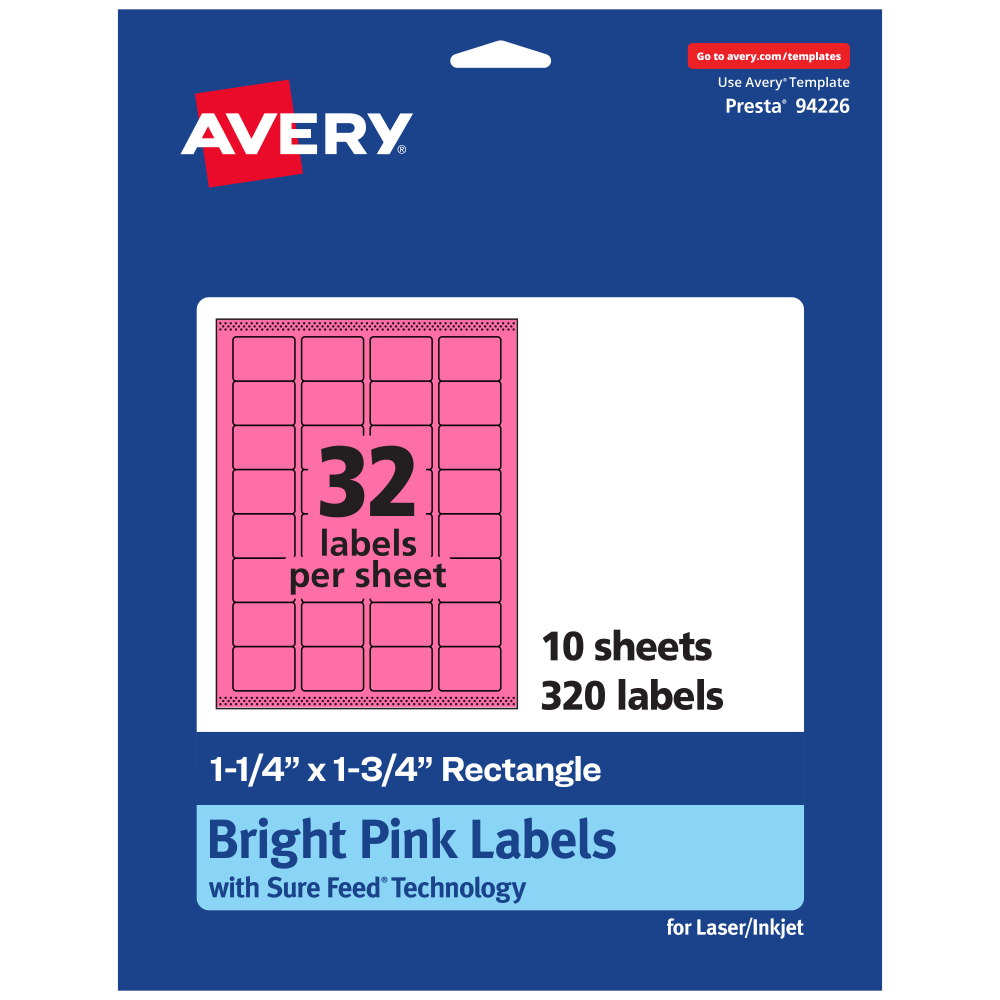 Avery Printable Labels With Sure Feed Technology, 94226-BPP10, Rectangle, 1-1/4in x 1-3/4in, Matte Bright Pink, Pack of 320