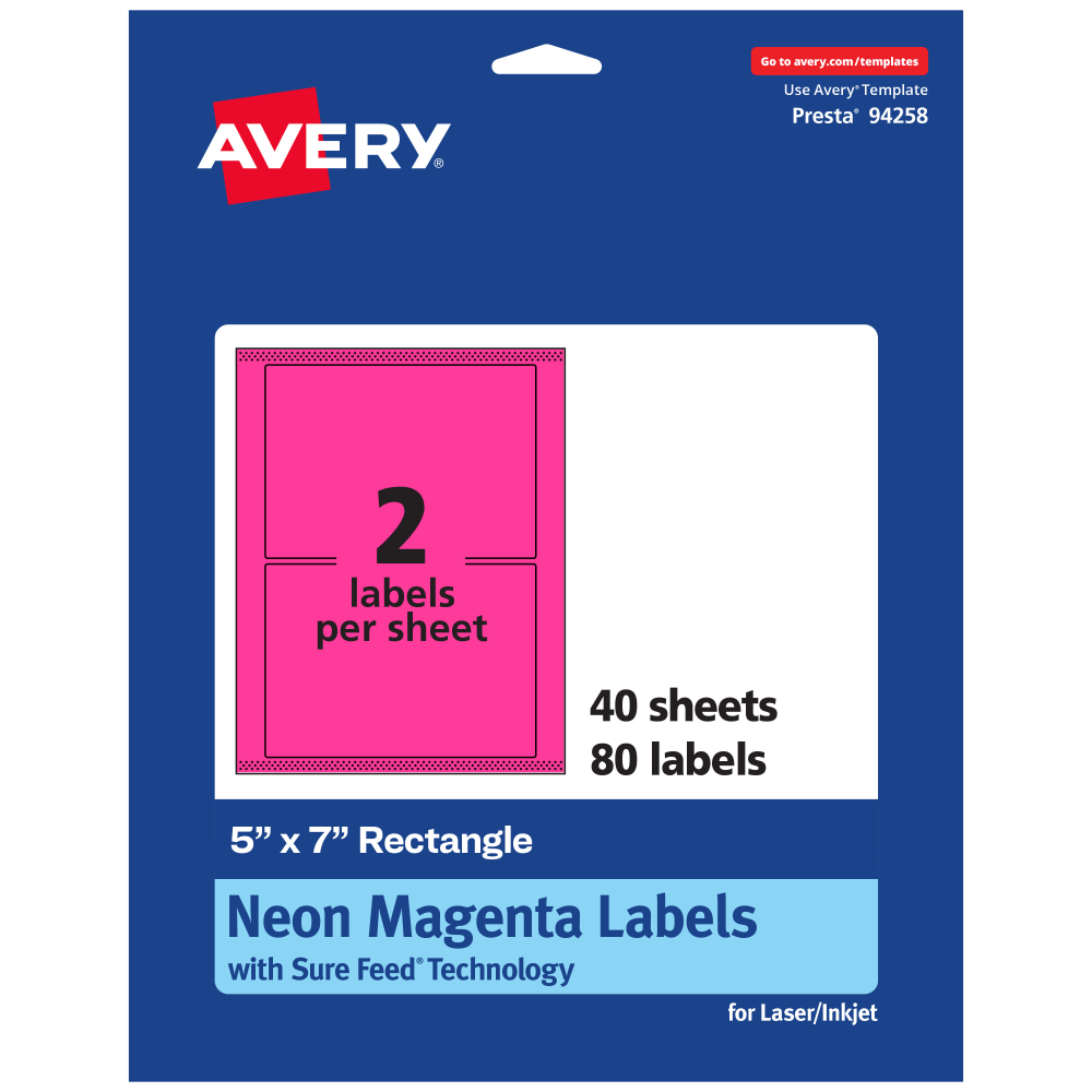 Avery Printable Labels With Sure Feed Technology, 94258-NMP40, Rectangle, 5in x 7in, Matte Neon Magenta, Pack of 80