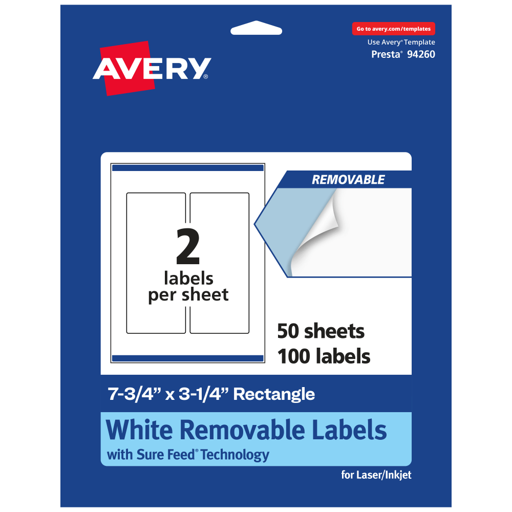 Avery Removable Labels With Sure Feed, 94260-RMP50, Rectangle, 7-3/4in x 3-1/4in, White, Pack Of 100 Labels