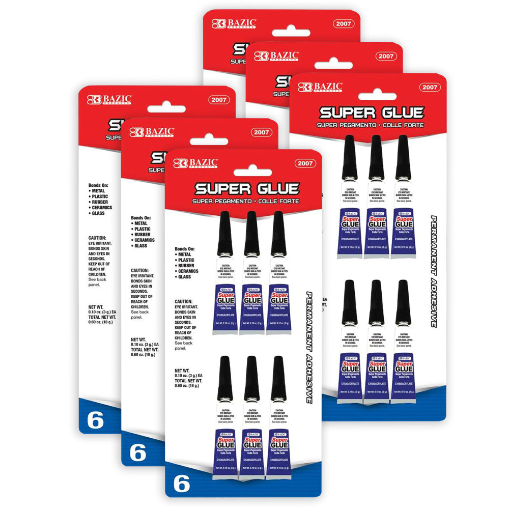 BAZIC Products Super Glue, 0.10 oz (3g), 6 Per Pack, Set Of 6 Packs
