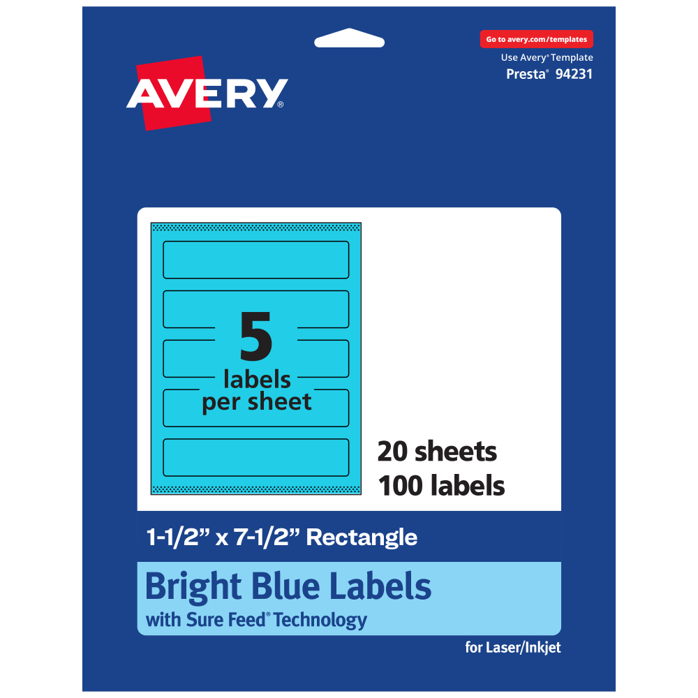 Avery Print-To-The-Edge Labels With Sure Feed Technology, 94231-BBP20, Rectangle, 1-1/2in x 7-1/2in, Matte Bright Blue, Pack of 100