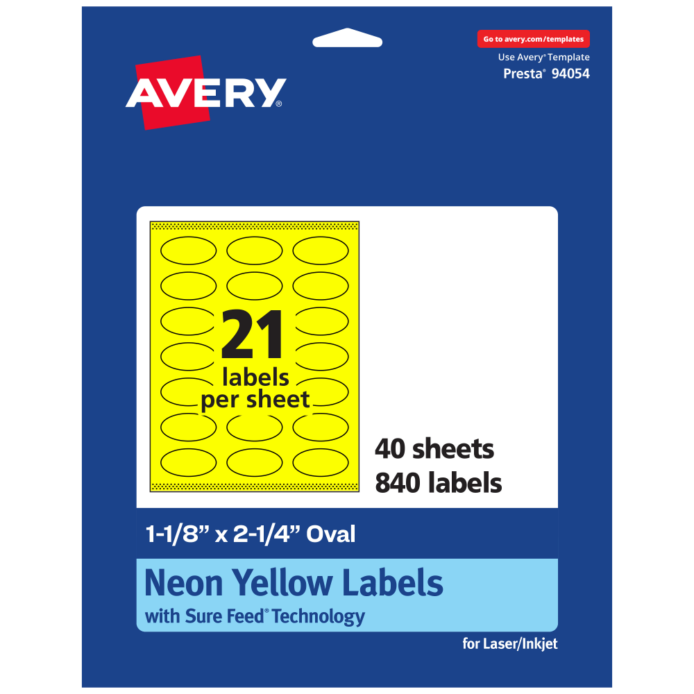 Avery Print-To-The-Edge Labels With Sure Feed Technology And Easy Peel, 94054-NYP40, Oval, 1-1/8in x 2-1/4in, Matte Neon Yellow, Pack of 840