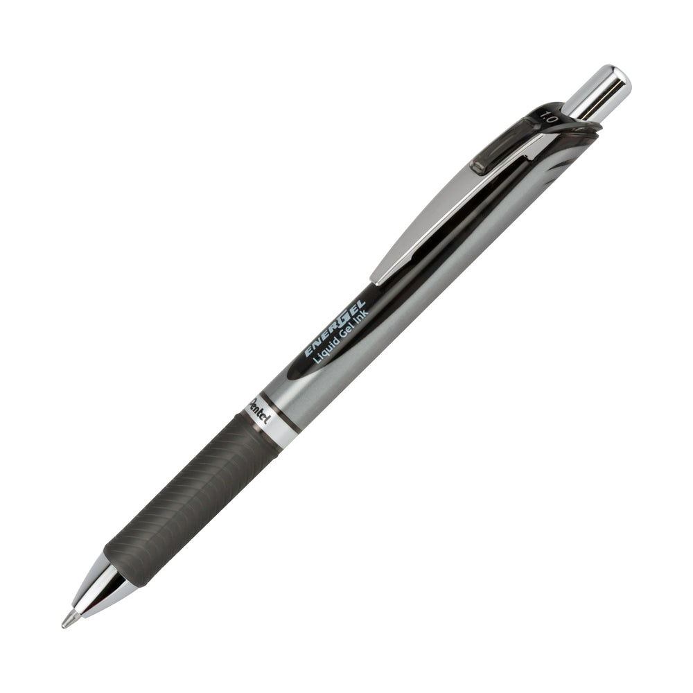 Pentel EnerGel RTX Retractable Liquid Gel Pens, Bold Point, 1.0 mm, Black/Silver Barrel, Black Ink, Pack Of 12