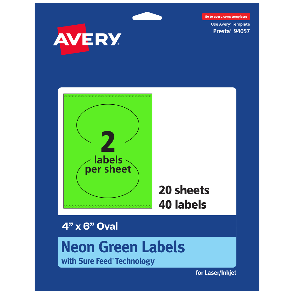 Avery Print-To-The-Edge Labels With Sure Feed Technology, 94057-NGP20, Oval, 4in x 6in, Matte Neon Green, Pack of 40