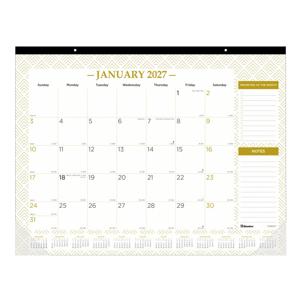 2027 Blueline Classic Gold Monthly Desk Pad Calendar, 22in x 17in, Gold/White, January To December, C199003, Total Qty 1