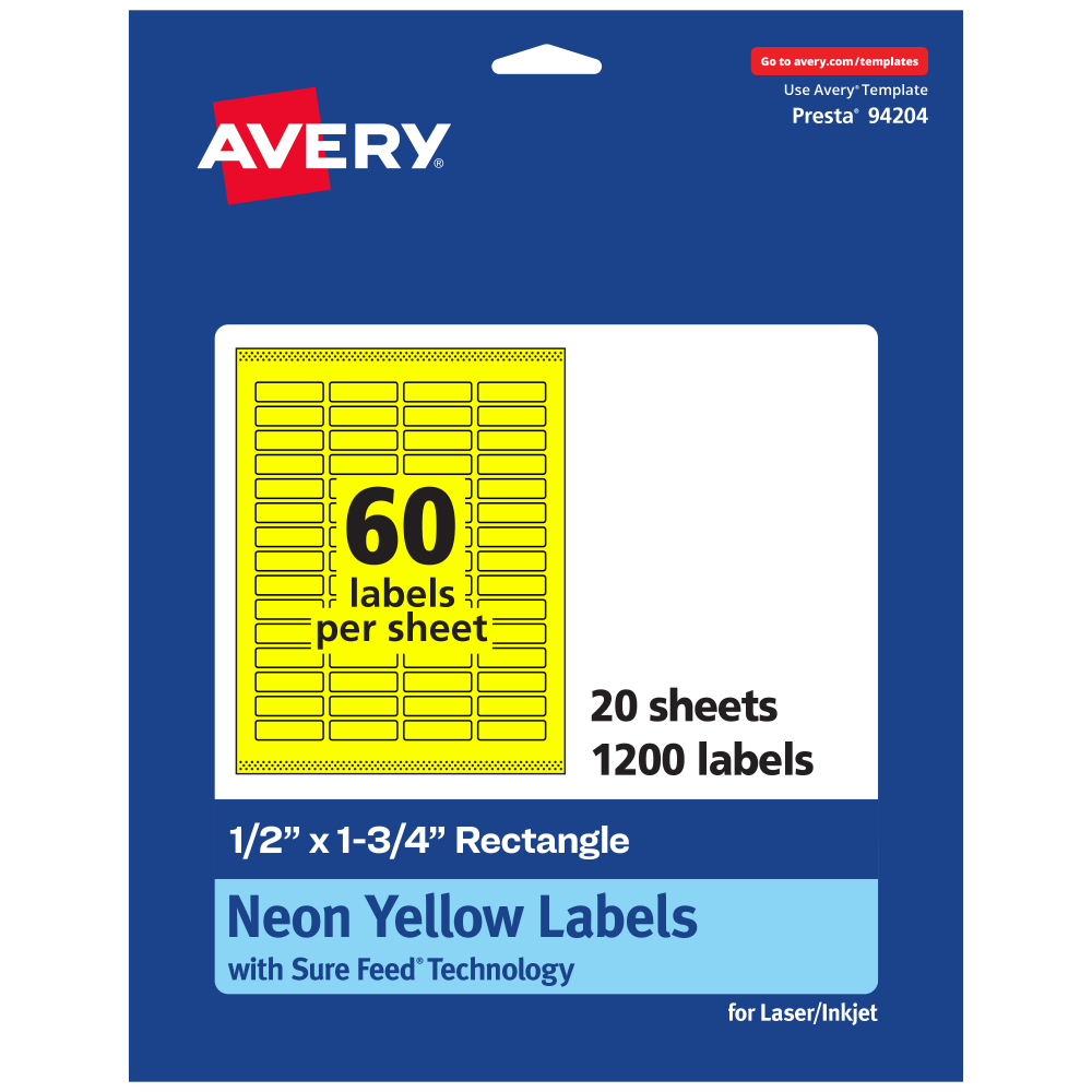 Avery Print-To-The-Edge Labels With Sure Feed Technology And Easy Peel, 94204-NYP20, Rectangle, 1/2in x 1-3/4in, Matte Neon Yellow, Pack of 1200