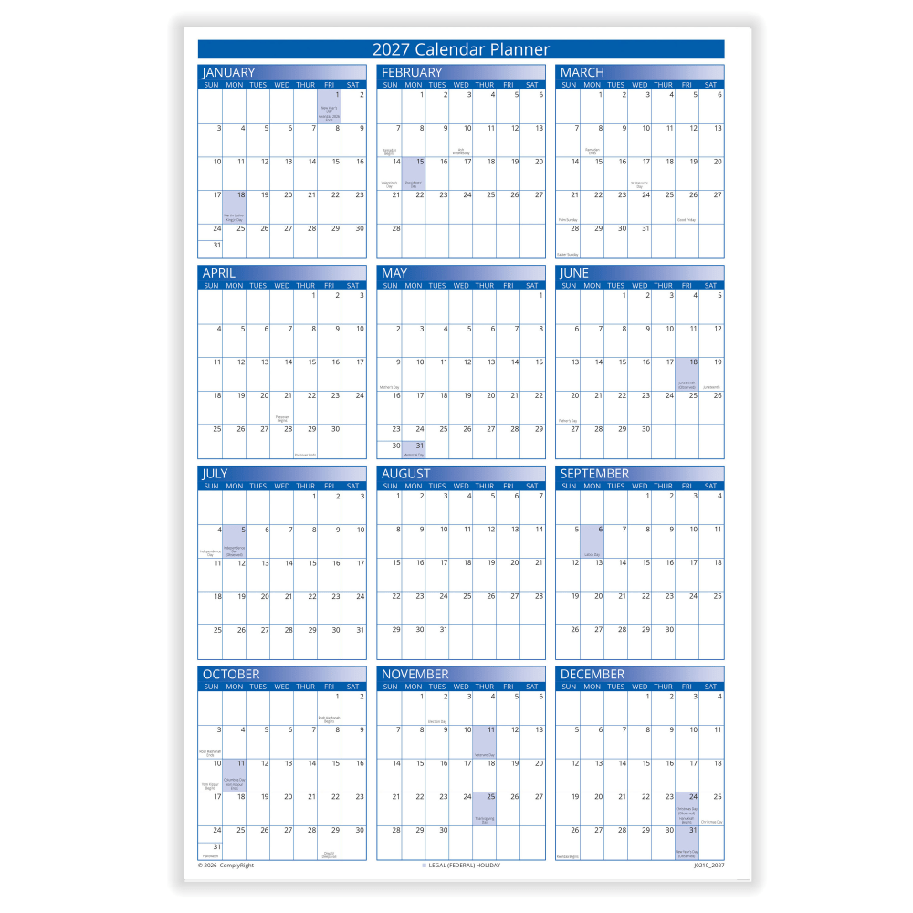ComplyRight 2027 Desk Calendar Planner, 2-Sided. 11in x 17in
