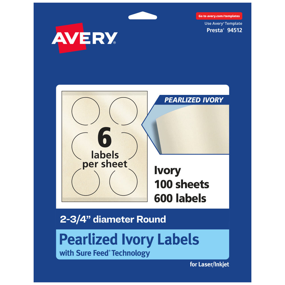 Avery Pearlized Permanent Labels With Sure Feed, 94512-PIP100, Round, 2-3/4in Diameter, Ivory, Pack Of 600 Labels