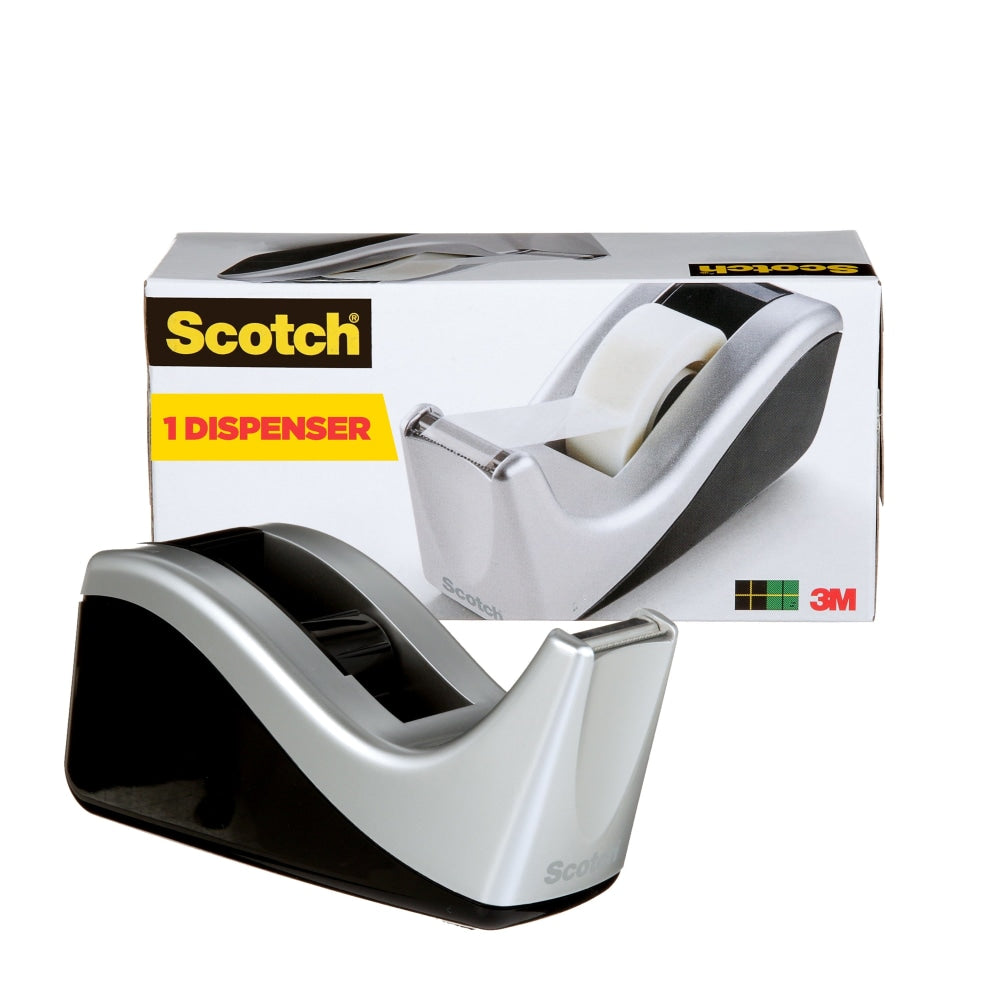 Scotch Desktop Tape Dispenser, 1 Dispenser, 1 in. Core, Black and Silver, Back to School Supplies, College Supplies, and Teacher Supplies