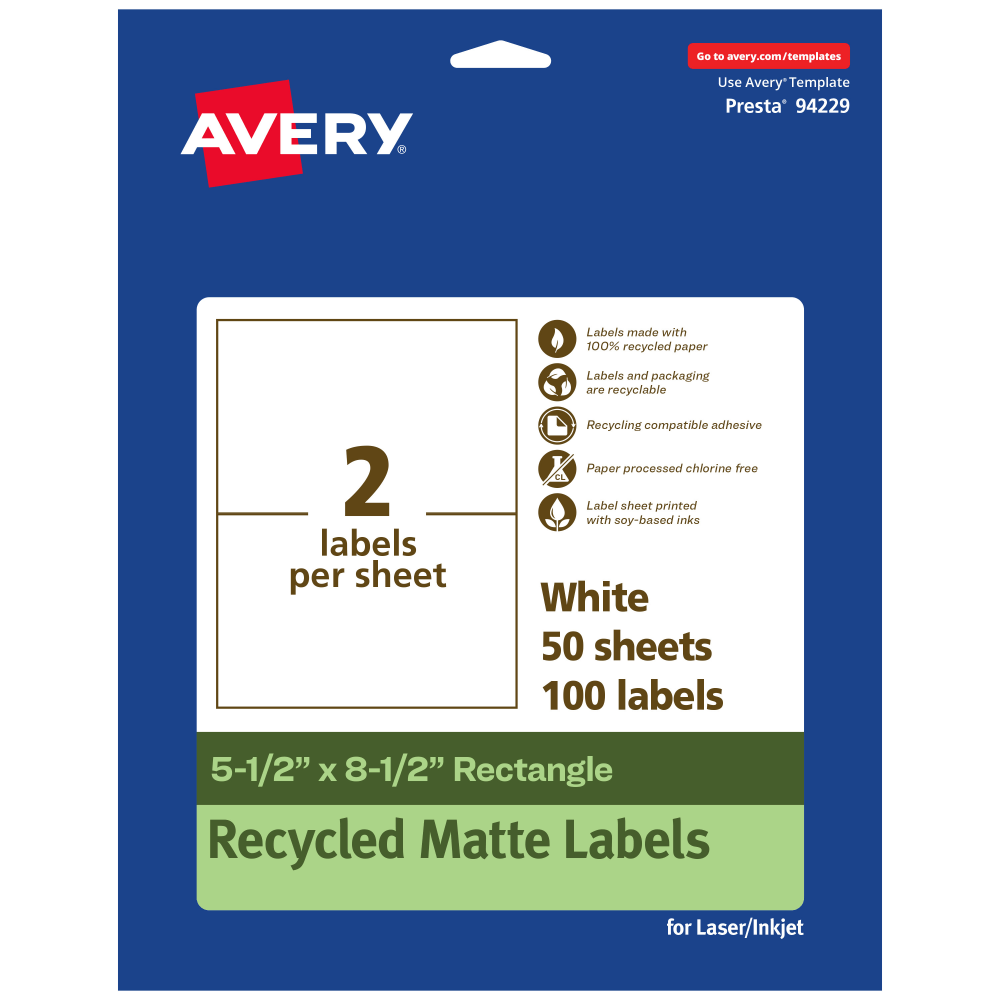 Avery Recycled Paper Labels, 94229-EWMP50, Rectangle, 5-1/2in x 8-1/2in, White, Pack Of 100