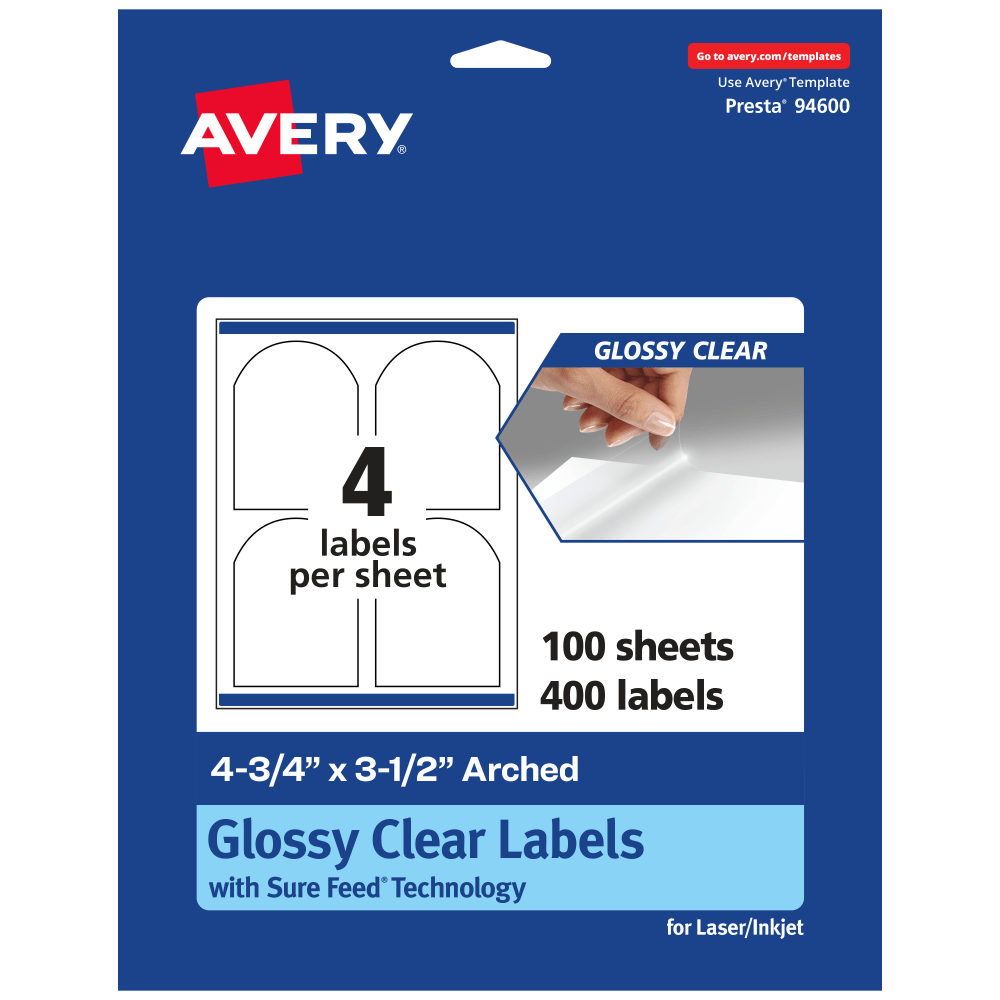 Avery Glossy Permanent Labels With Sure Feed, 94600-CGF100, Arched, 4-3/4in x 3-1/2in, Clear, Pack Of 400
