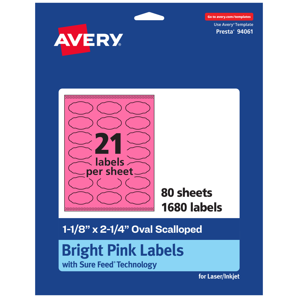 Avery Print-To-The-Edge Labels With Sure Feed Technology And Easy Peel, 94061-BPP80, Oval Scalloped, 1-1/8inx2-1/4in, Matte Bright Pink, Pack of 1680