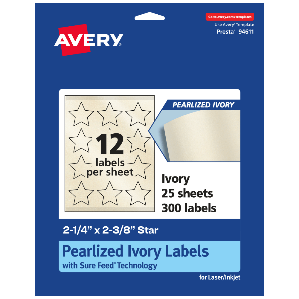 Avery Pearlized Permanent Labels With Sure Feed, 94611-PIP25, Star, 2-1/4in x 2-3/8in, Ivory, Pack Of 300 Labels