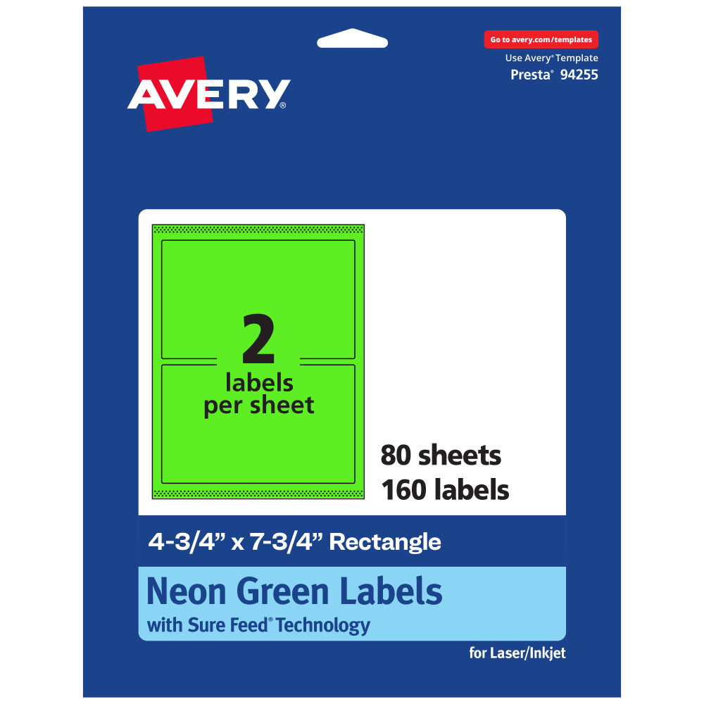 Avery Print-To-The-Edge Labels With Sure Feed Technology And Easy Peel, 94255-NGP80, Rectangle, 4-3/4in x 7-3/4in, Matte Neon Green, Pack of 160