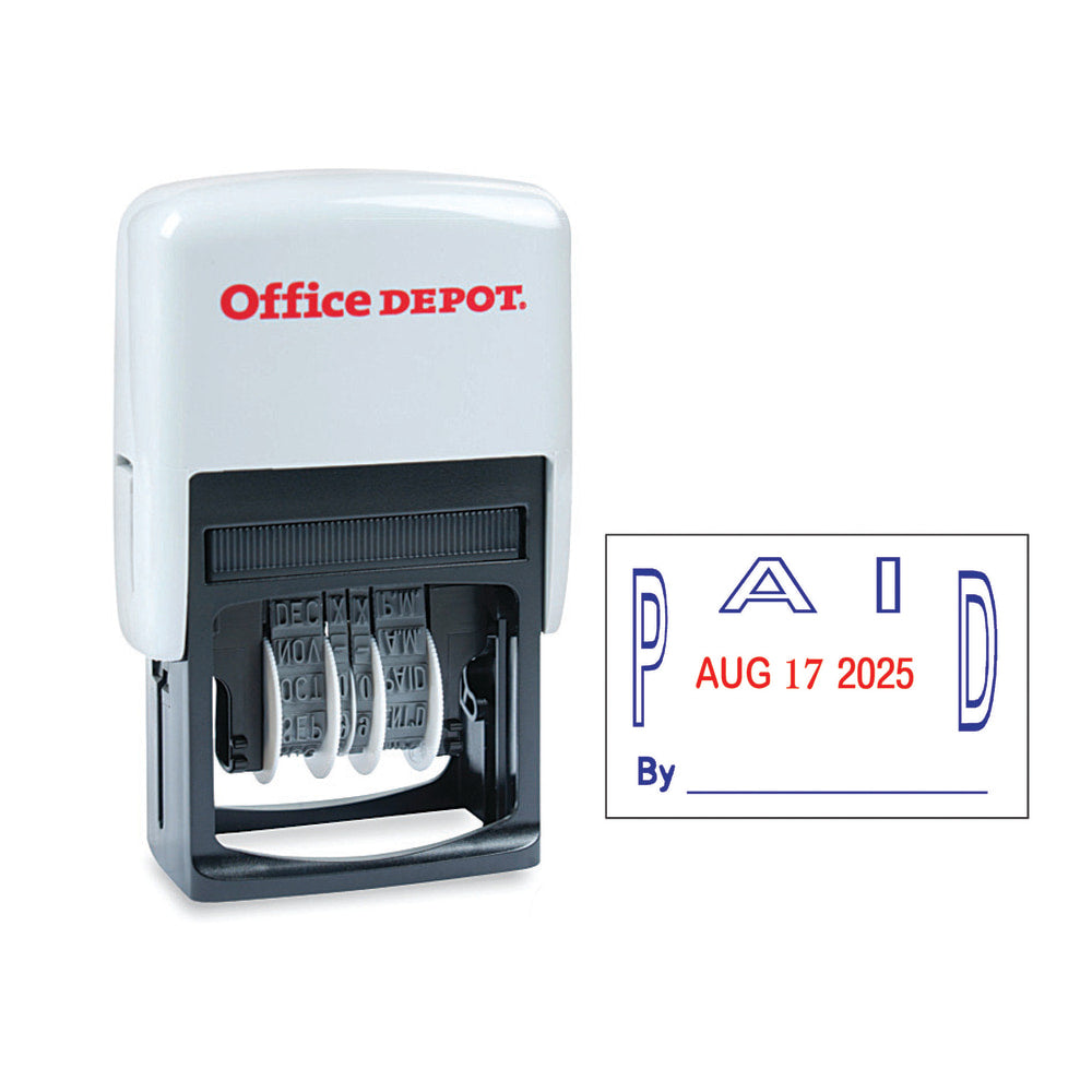 Office Depot Brand Date Paid Dater Stamp Self-Inking with Extra Pad Date Paid Dater  Stamp, 1in x 1-3/4in Impression, Red and Blue Ink