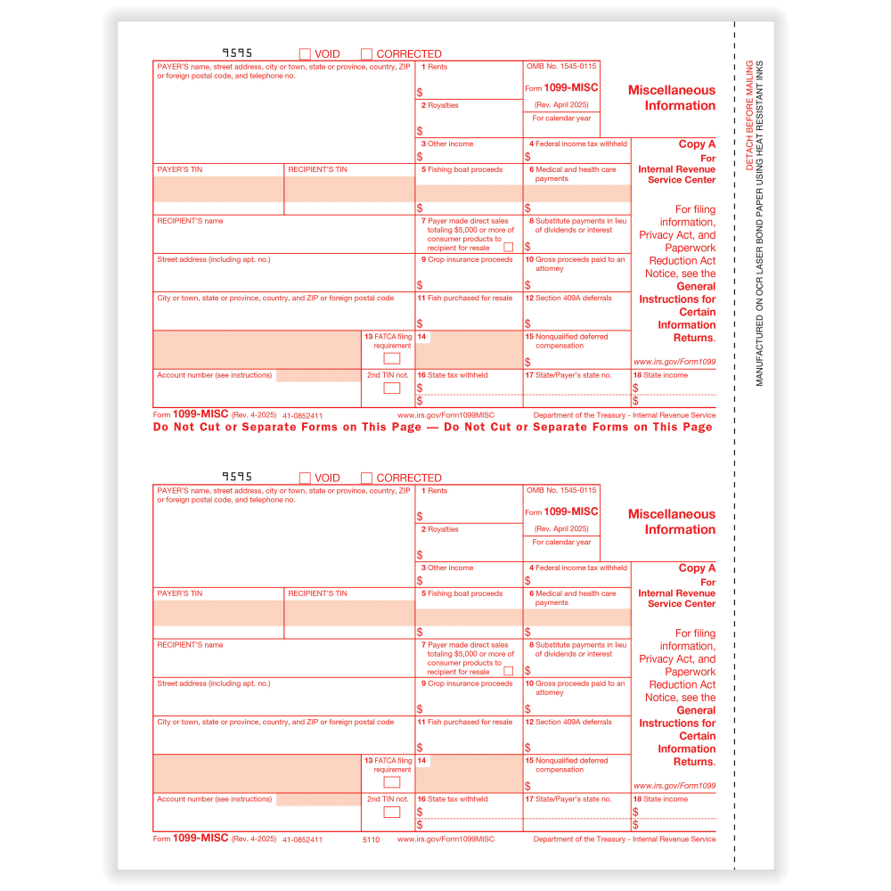 ComplyRight 1099-MISC Tax Forms, Federal Copy A, 2-Up, 8-1/2in x 11in, Pack Of 50 Forms, 51102525