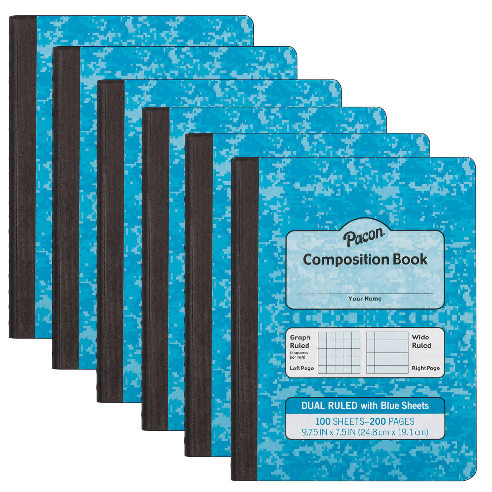 Pacon Dual Ruled Composition Book, 9-3/4in x 7-1/2in, 1/4in Grid & 3/8in Wide Ruled, 100 Sheets, Blue, Pack Of 6