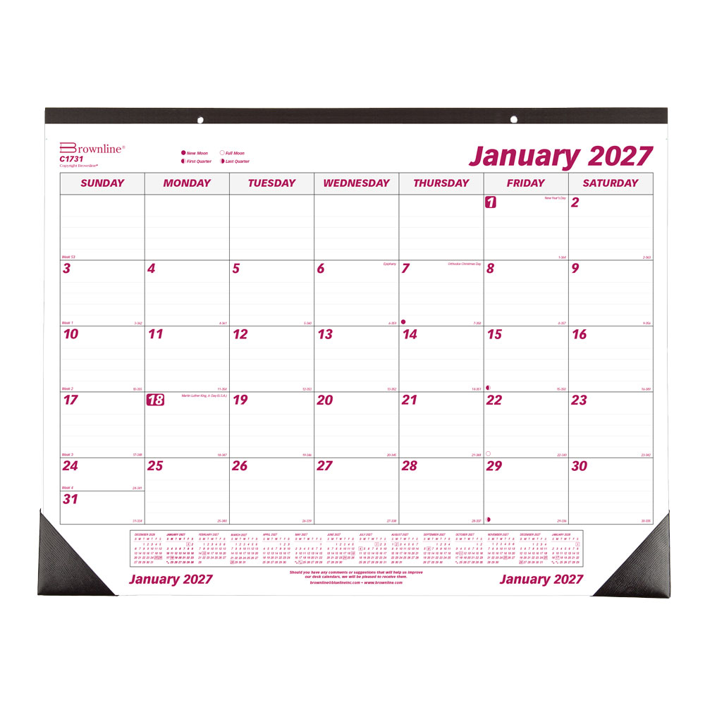 2027 Brownline Monthly Desk Pad Calendar, 22in x 17in, Burgundy/White, January To December, C1731, Total Qty 1