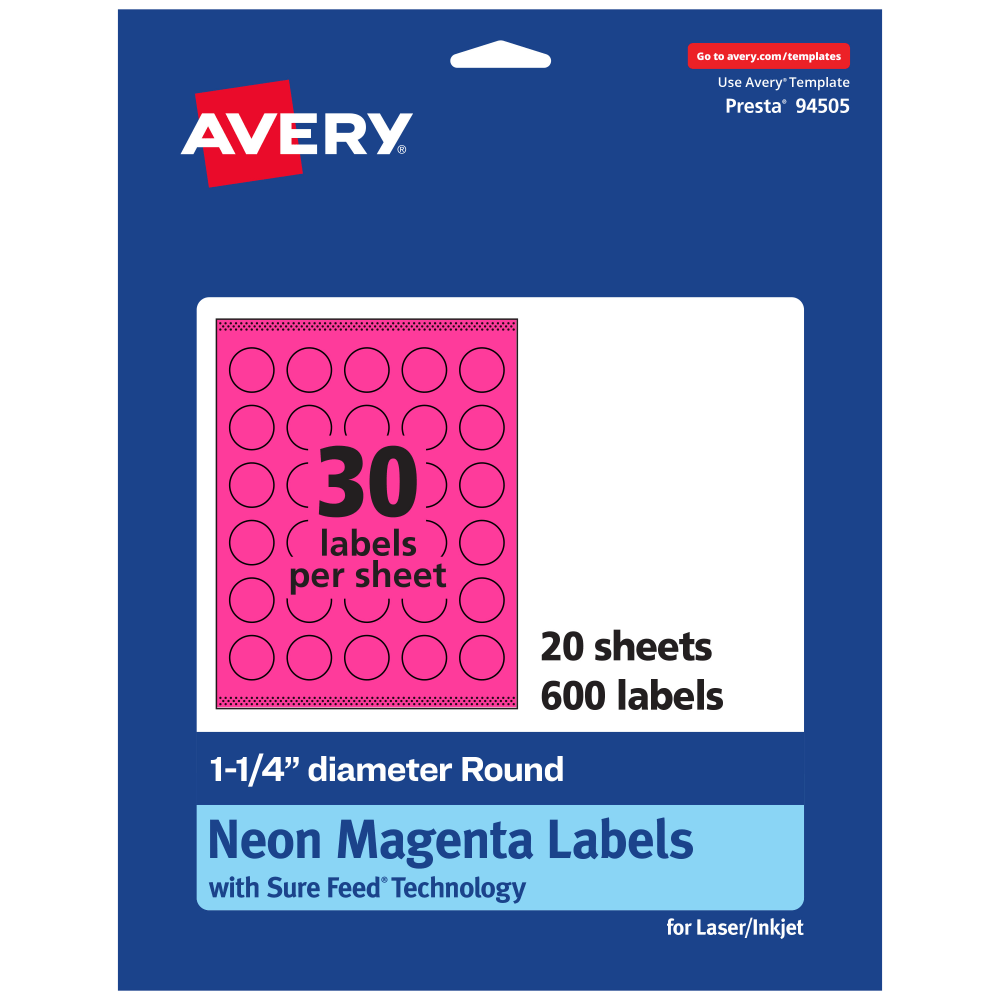 Avery Print-To-The-Edge Labels With Sure Feed Technology, 94505-NMP20, Round, 1-1/4in, Matte Neon Magenta, Pack of 600