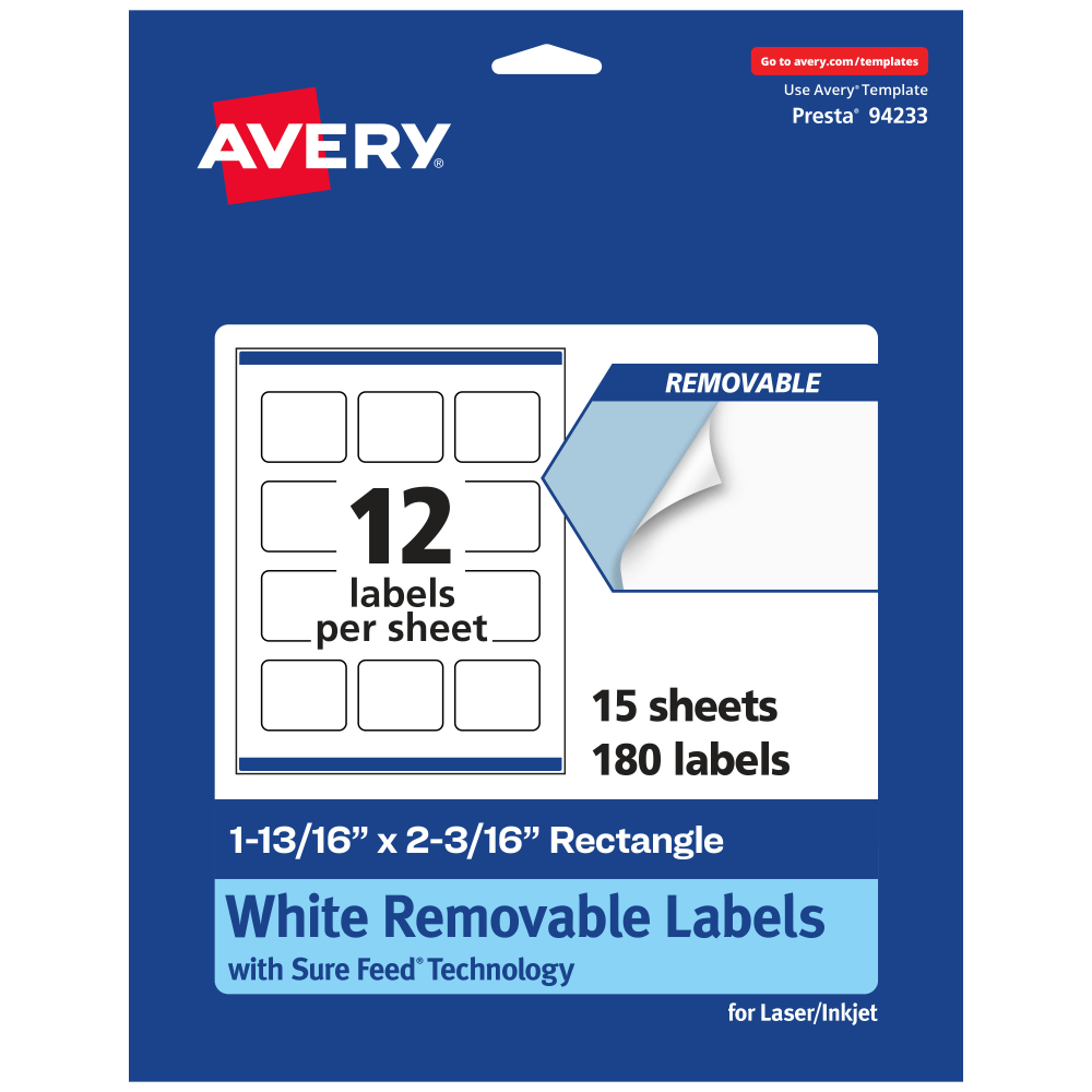 Avery Removable Labels With Sure Feed, 94233-RMP15, Rectangle, 1-13/16in x 2-3/16in, White, Pack Of 180 Labels