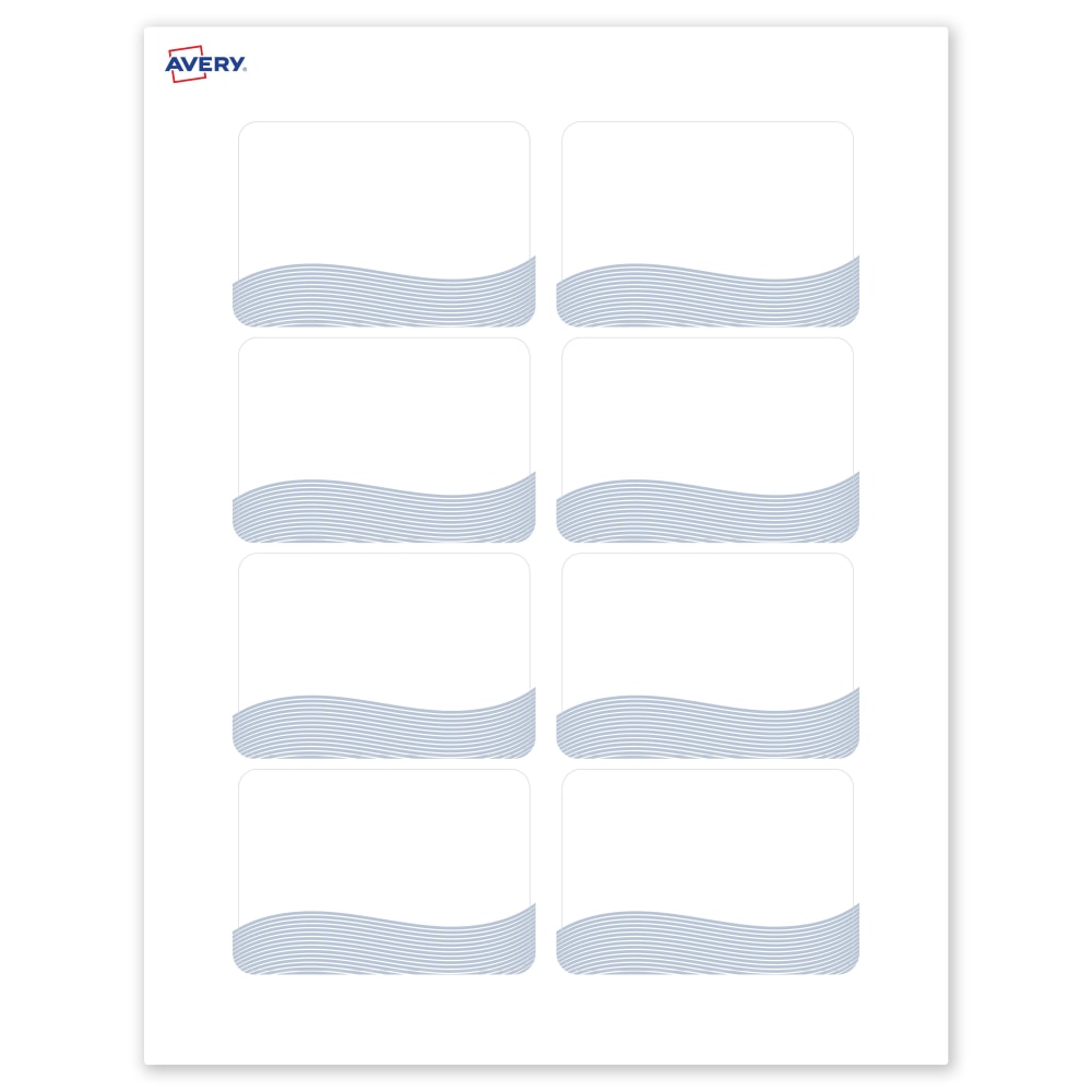 Avery Printable Adhesive Name Badges With Preprinted Designs, Rectangle, S00-EVA, 2-1/3in x 3-3/8in, Matte White With Blue Waves Design, Pack Of 80