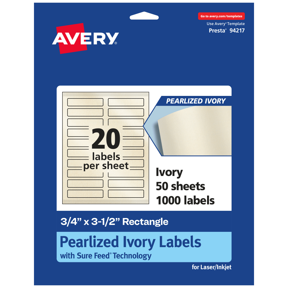 Avery Pearlized Permanent Labels With Sure Feed, 94217-PIP50, Rectangle, 3/4in x 3-1/2in, Ivory, Pack Of 1,000 Labels