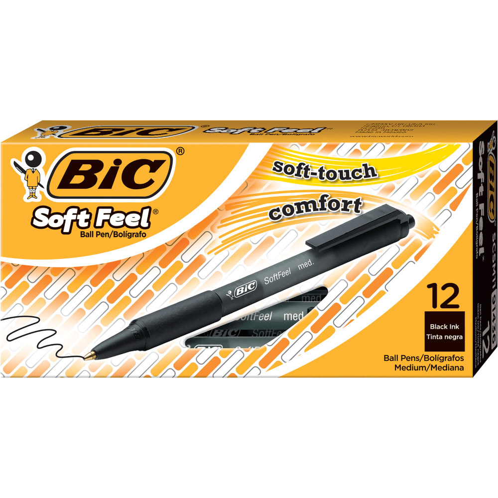 BIC Soft Feel Retractable Ballpoint Pens, Medium Point, 1.0 mm, Black Barrel, Black Ink, Pack Of 12 Pens